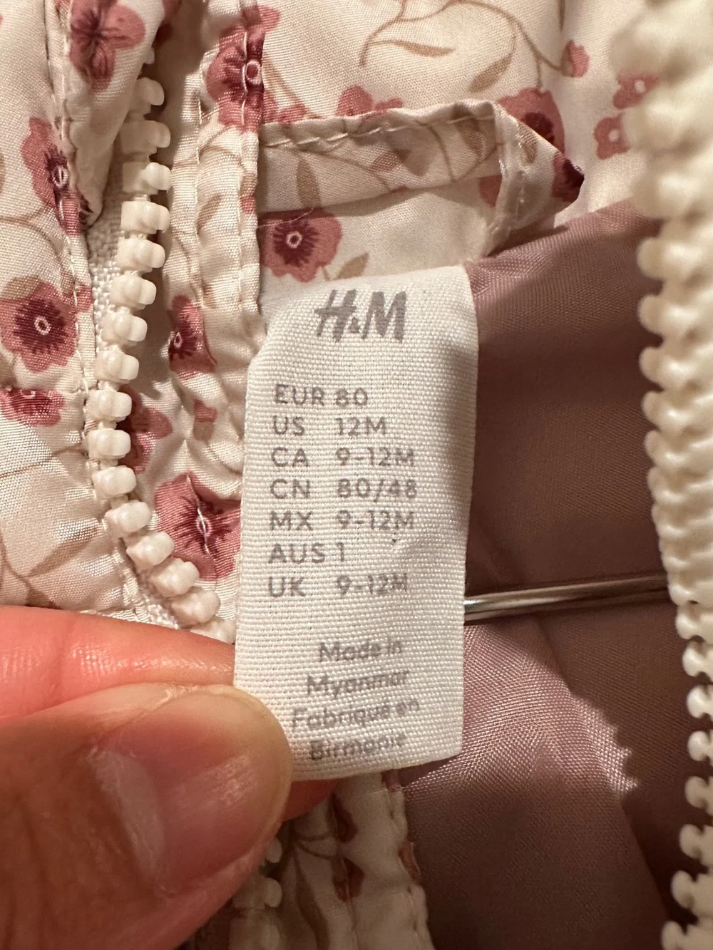 H&M Baby Girl Cream Puffer Jacket with Pink Floral Print
